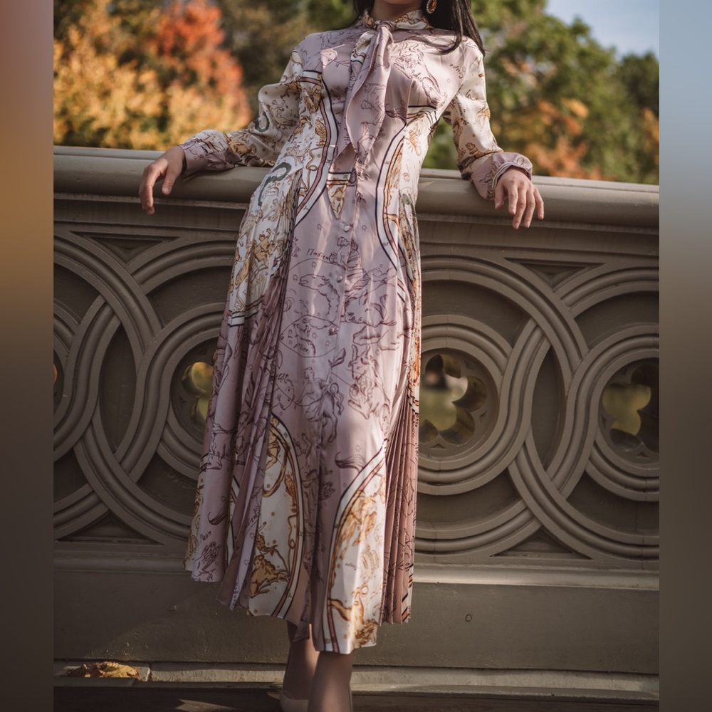 Zara Long-Sleeve Midi Dress in Pink/Purple and Gold Print
